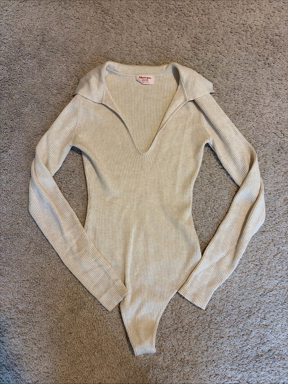 Womens Showpo Beige Cream Collared Polo Sweater Knit Bodysuit Top Size 4